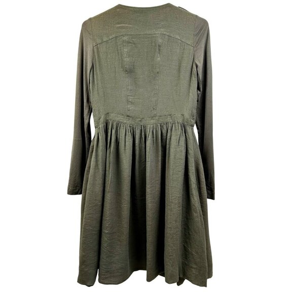 Olive Green Women's Y2K Trendy Mini Long Sleeve V-Neck Dress W/Front Pockets - Picture 2 of 13